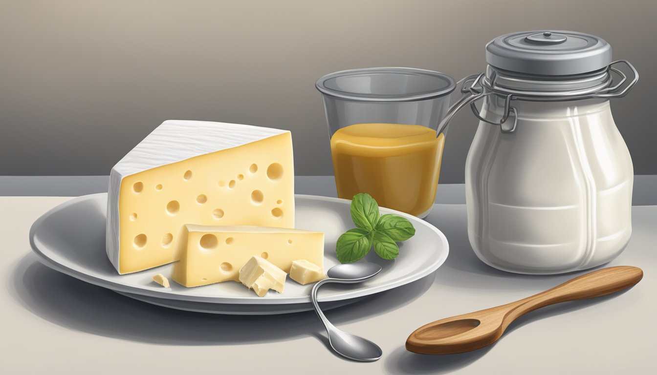 A block of Neufchatel cheese sits next to a bowl of cream cheese, with measuring cups and spoons nearby