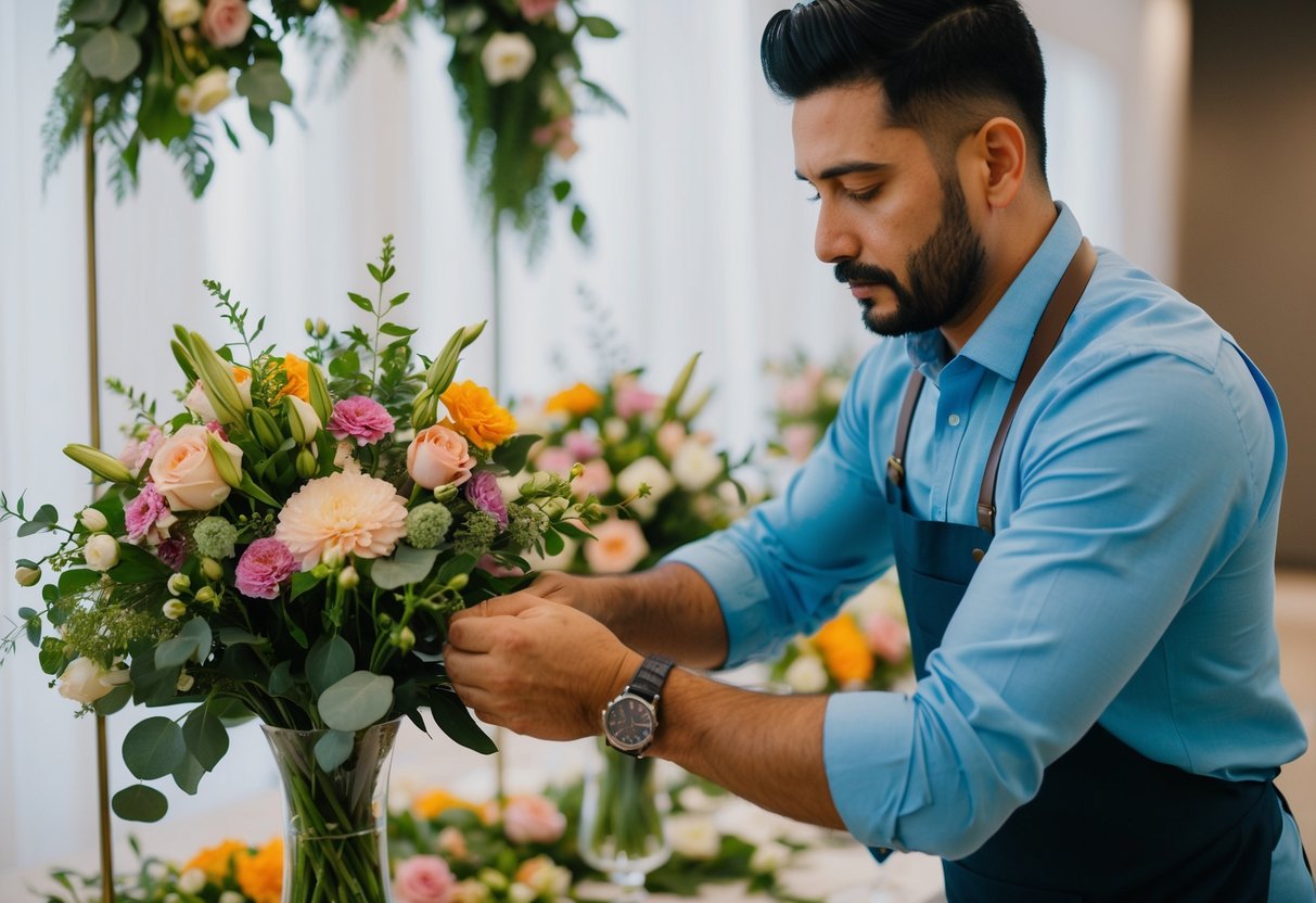 A man arranging flowers and decorations for a pre-wedding event