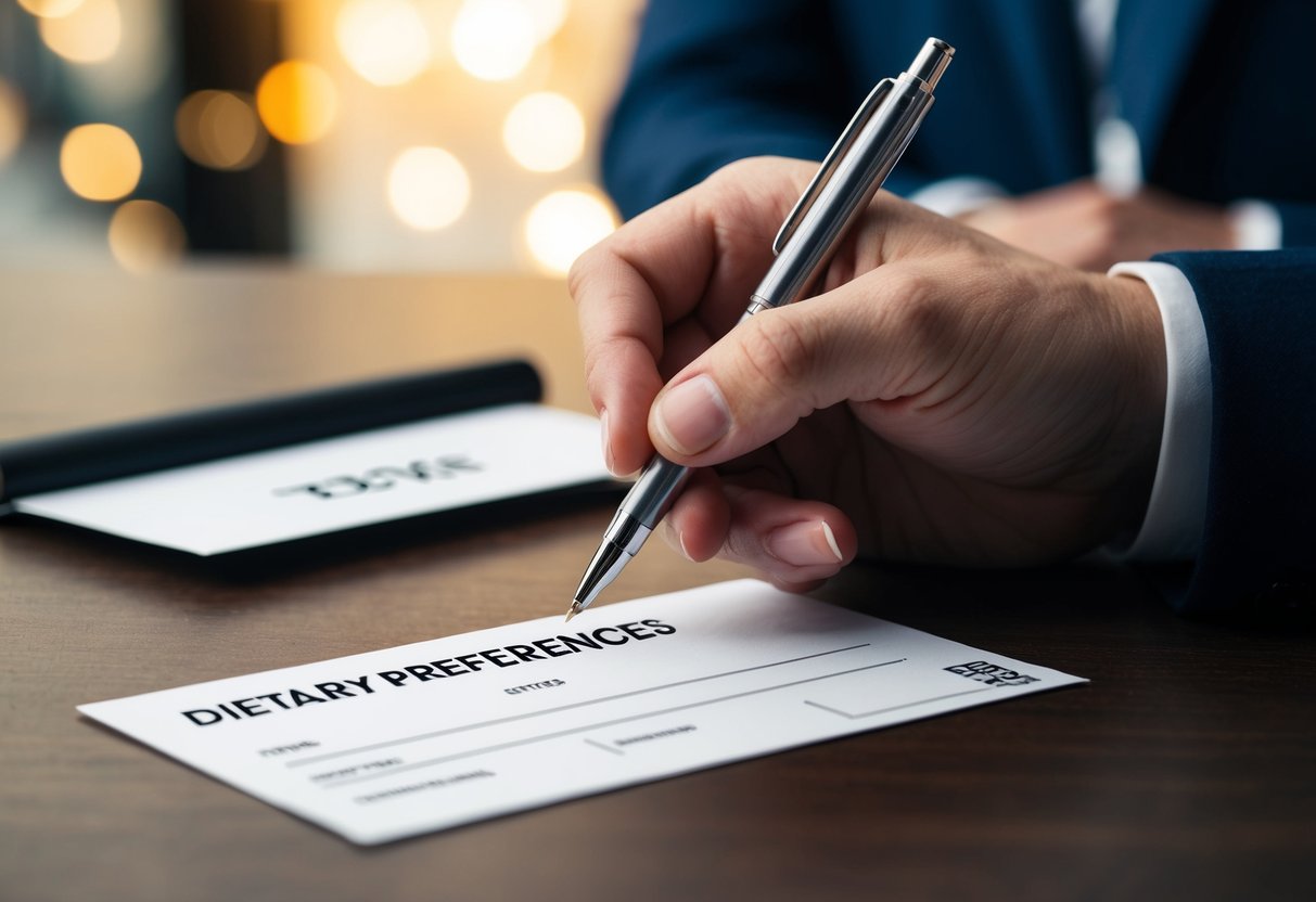A hand holding a pen, checking a box for dietary preferences on an RSVP card