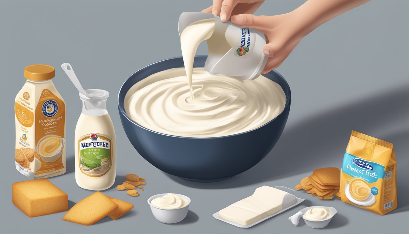 A hand pouring neufchatel from a container into a mixing bowl, alongside a package of cream cheese. Ingredients and measuring utensils scattered around