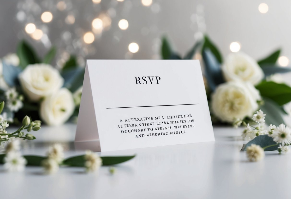 A wedding RSVP card with a blank space for alternative meal choices, surrounded by elegant floral decorations and a sleek, modern design