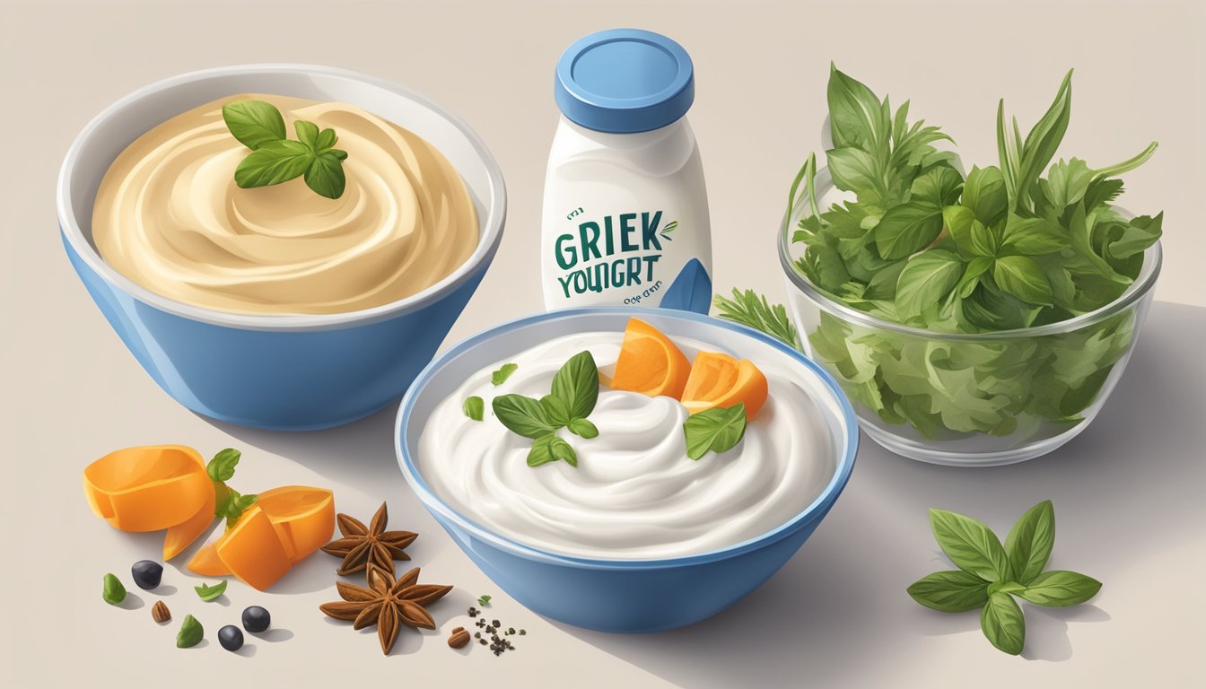 A bowl of dip ingredients with a container of non-fat Greek yogurt next to a container of sour cream. Various spices and herbs are scattered around the bowls