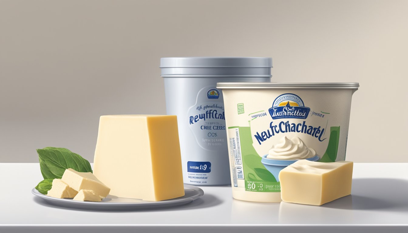 A block of neufchatel sitting next to a tub of cream cheese, with a thoughtful person comparing the two