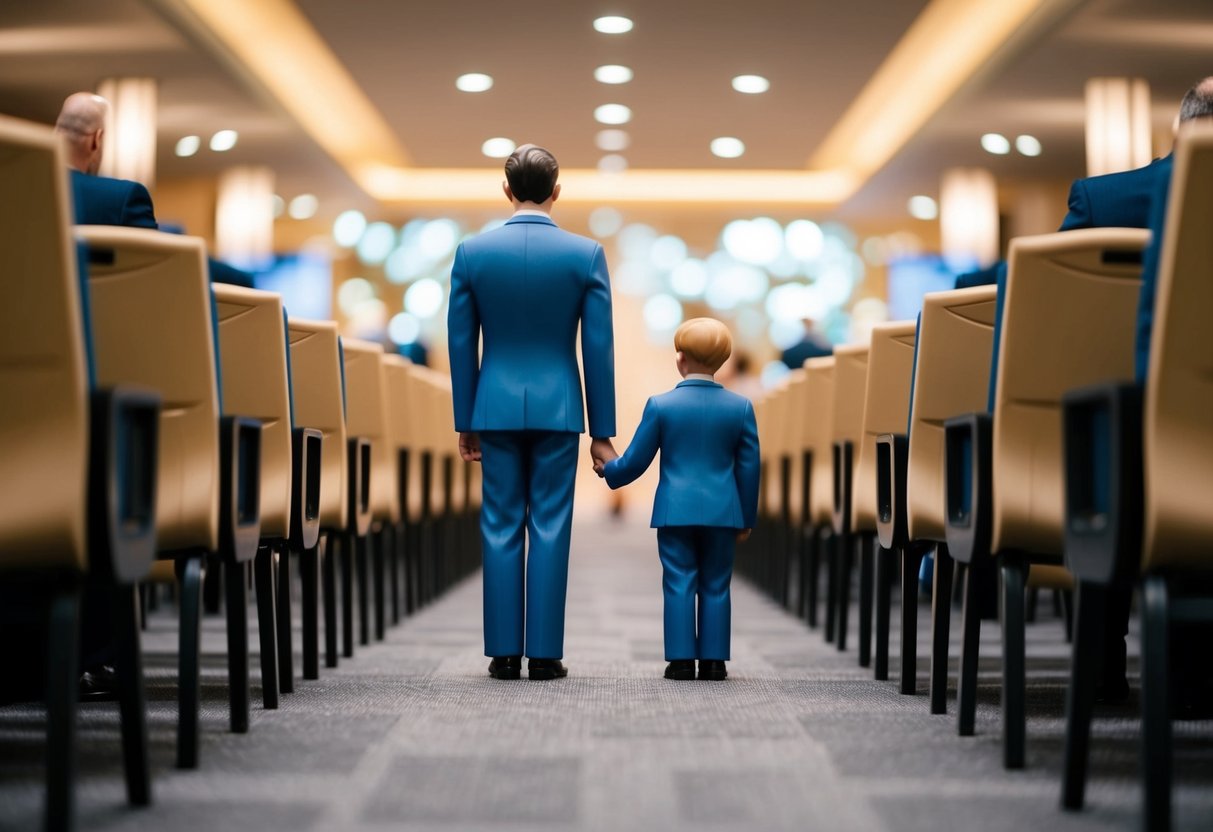 A figure and a smaller figure stand at the start of an aisle, facing each other. The aisle is lined with rows of seats