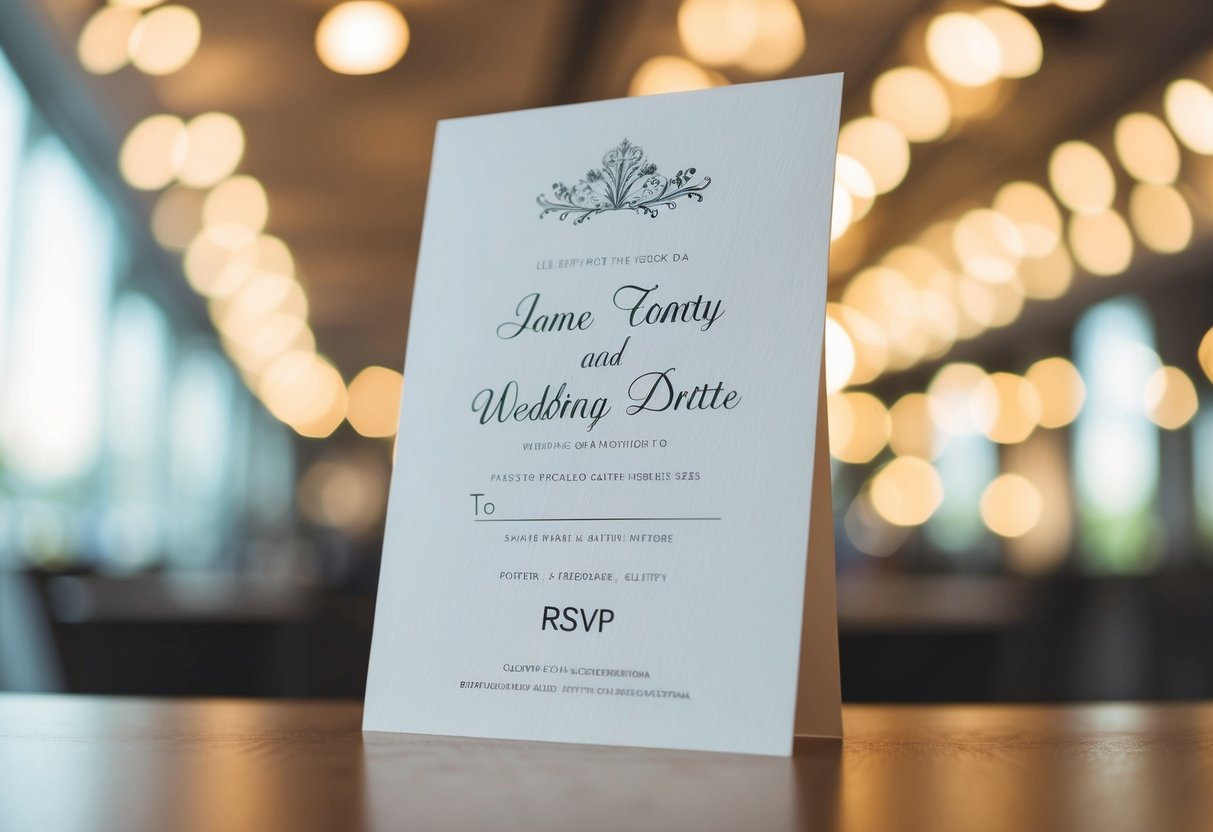 A wedding invitation with a blank space for the guest's name and a line for RSVP