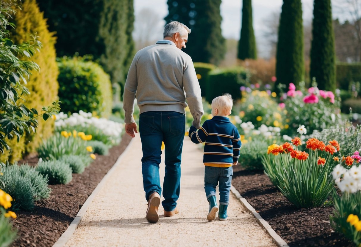 A proud parent and child walk side by side through a garden path, surrounded by blooming flowers and tall trees