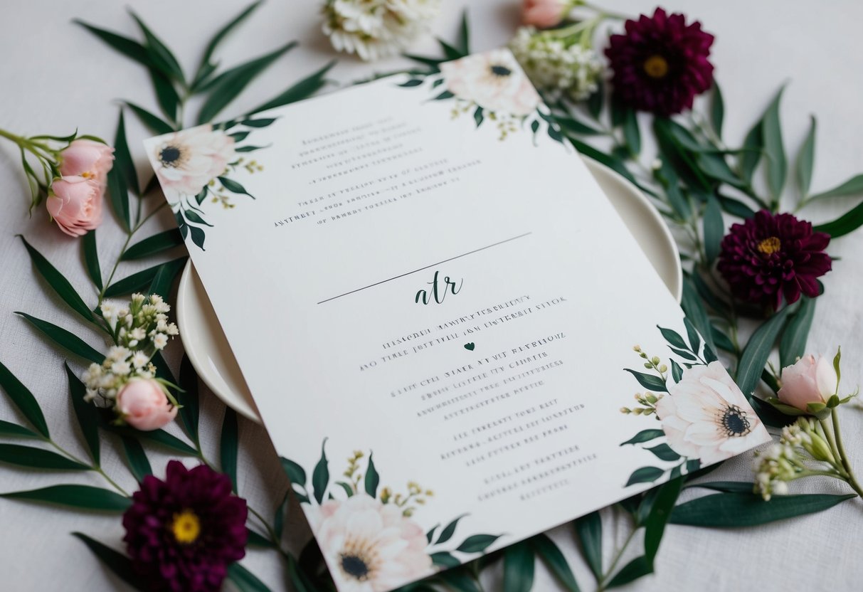 A wedding invitation with a blank space for the guest's name, surrounded by elegant floral designs and calligraphy