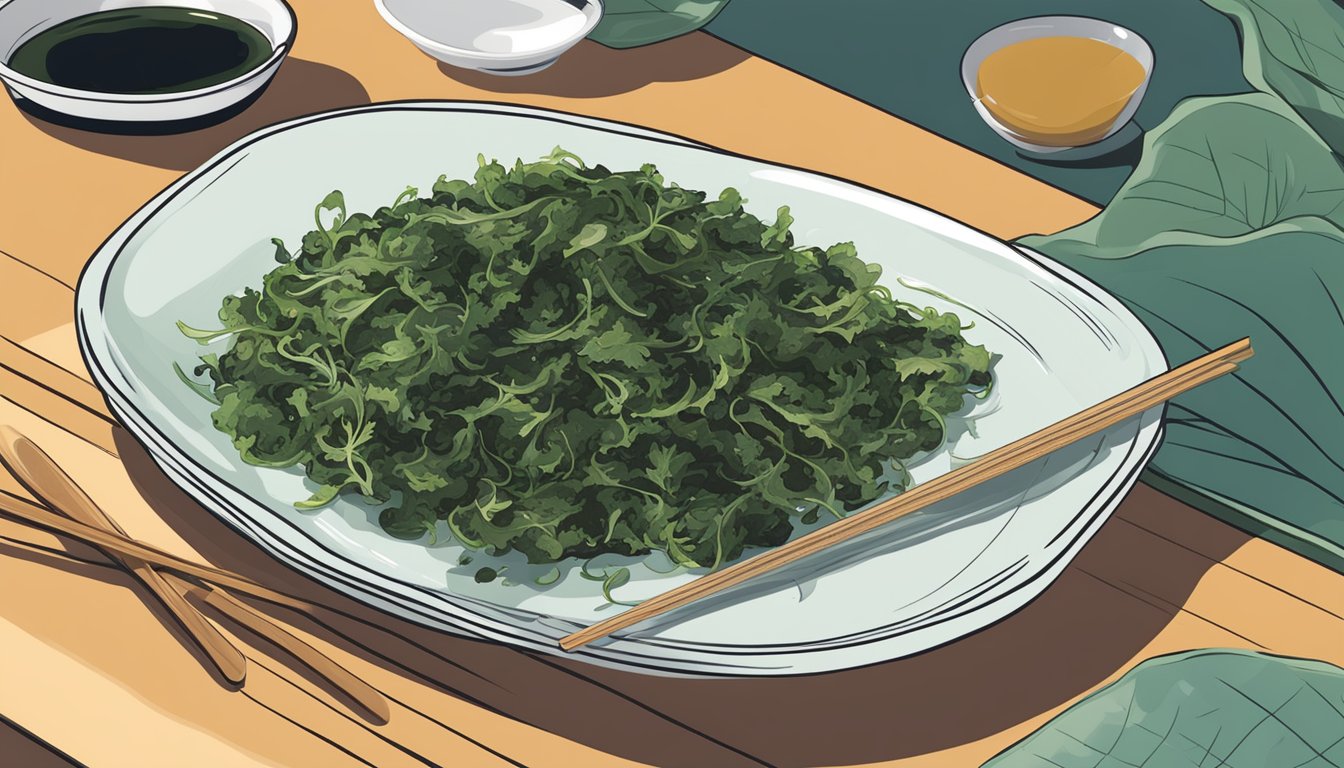 A plate of seaweed salad with nori sheets next to it