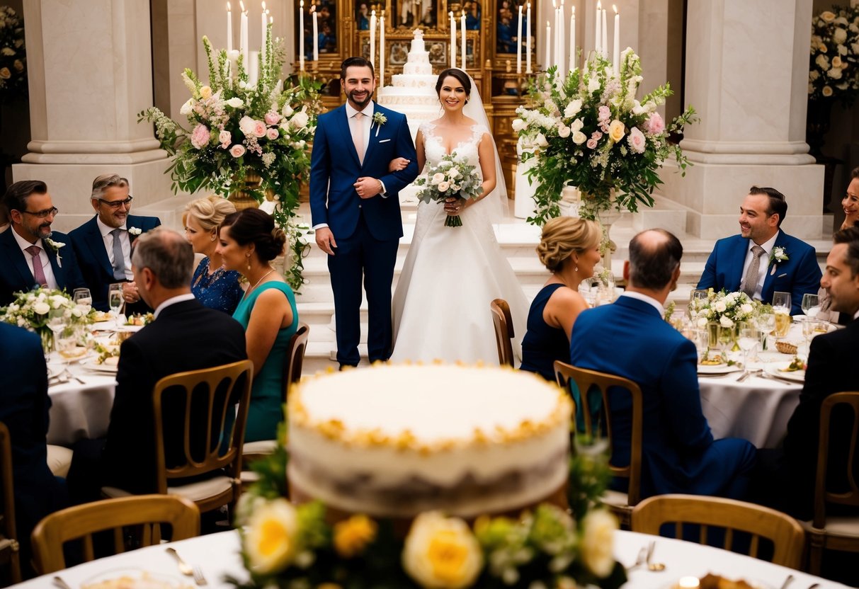A bride and groom standing at an altar, surrounded by flowers and candles. A wedding cake with intricate decorations. Guests seated at round tables, enjoying a meal