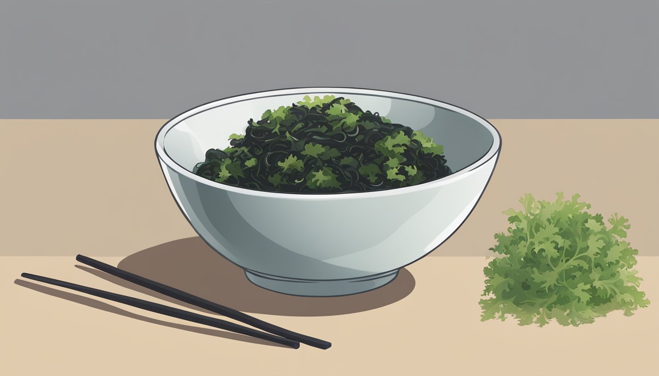 A bowl of seaweed salad with nori sheets placed next to it