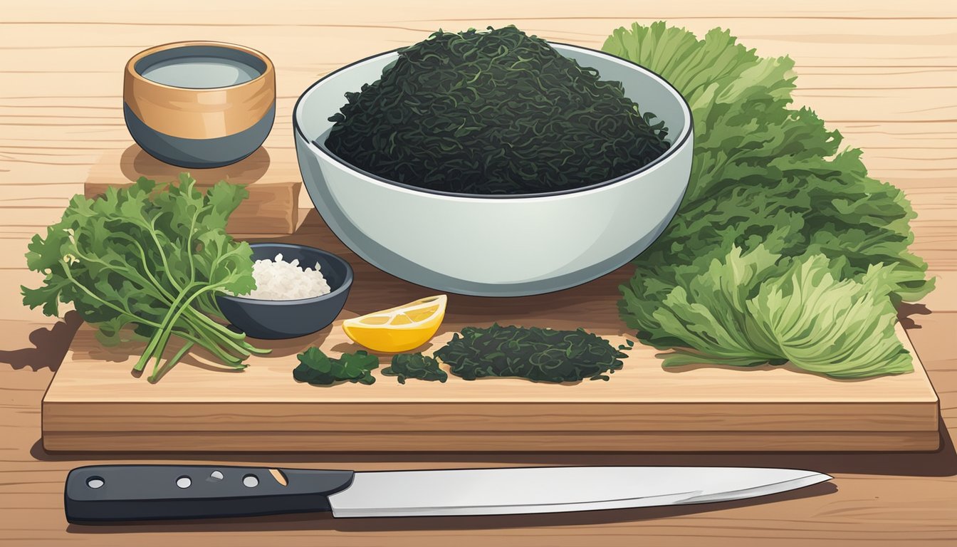 A bowl of nori sheets next to a vibrant pile of seaweed salad ingredients, with a chef's knife and cutting board nearby