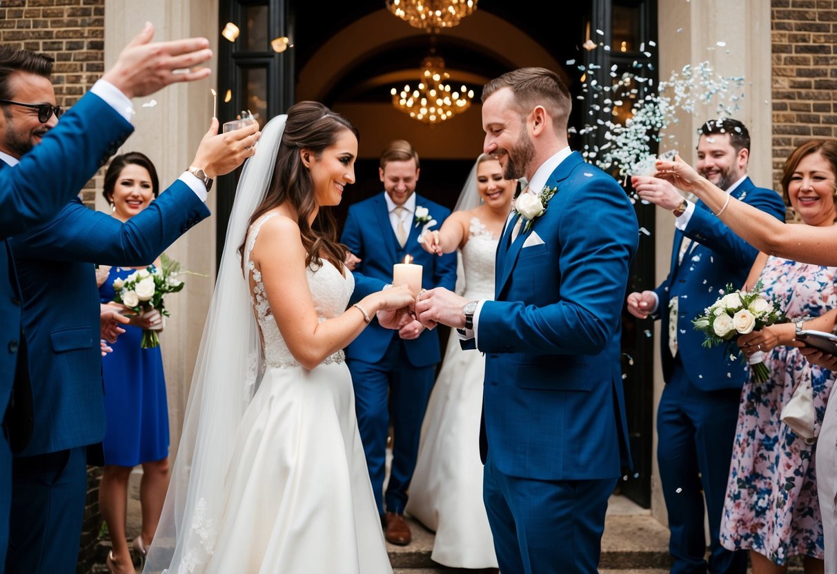 A bride and groom exchange rings, a couple lights a unity candle, and guests toss confetti as the newlyweds exit