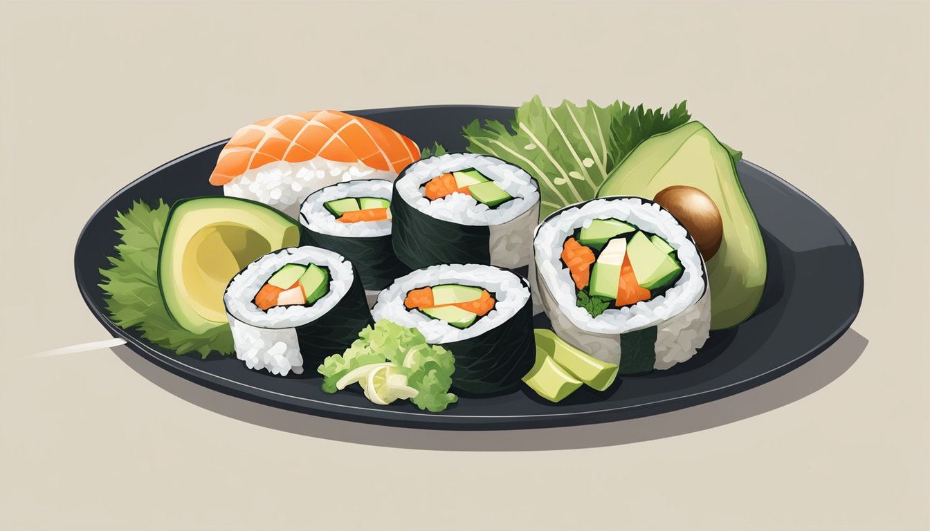 A sushi roll with seaweed salad wrapped around the rice instead of nori, surrounded by various ingredients like avocado, cucumber, and fish