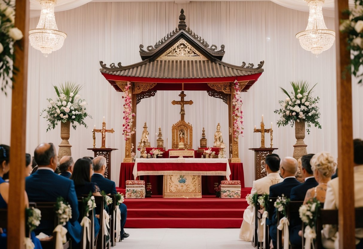 A wedding ceremony: a traditional altar, symbolic religious items, and cultural decorations