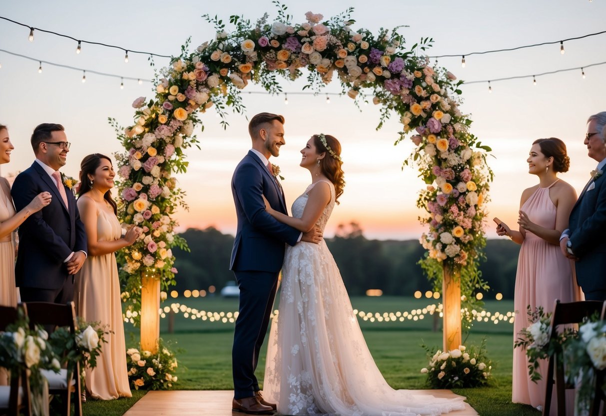 A couple standing under a blooming floral arch, surrounded by twinkling lights and surrounded by their loved ones, with a beautiful sunset in the background