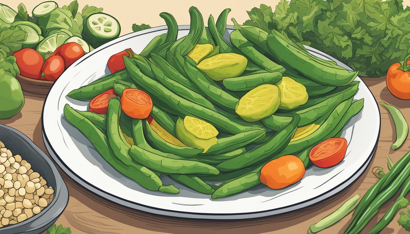 A plate of nopales replacing green beans in a stir-fry dish, surrounded by various fresh vegetables and a caption highlighting the health benefits of nopales