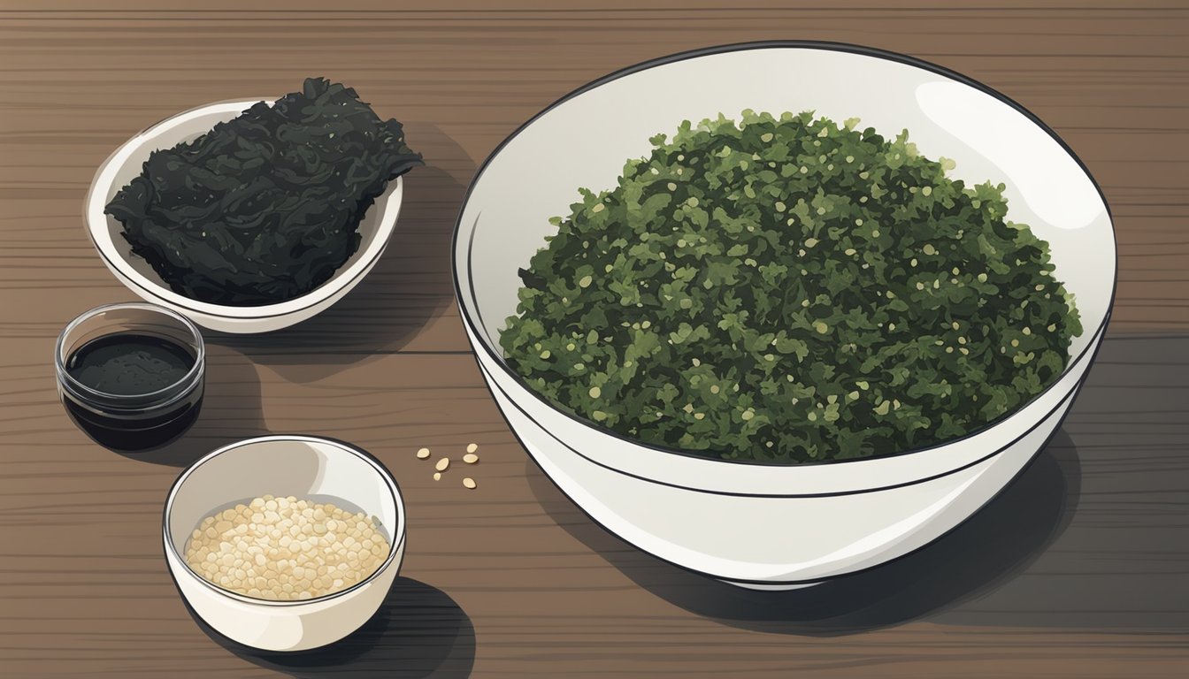 A bowl of nori sheets next to a bowl of seaweed salad, with ingredients like sesame seeds and dressing on a kitchen counter