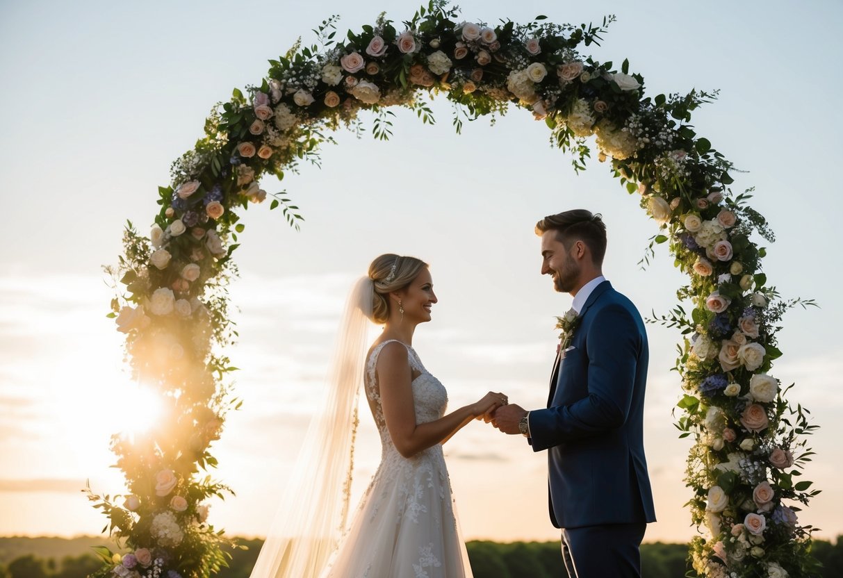 A bride and groom standing under a floral arch, exchanging vows with the sun setting behind them