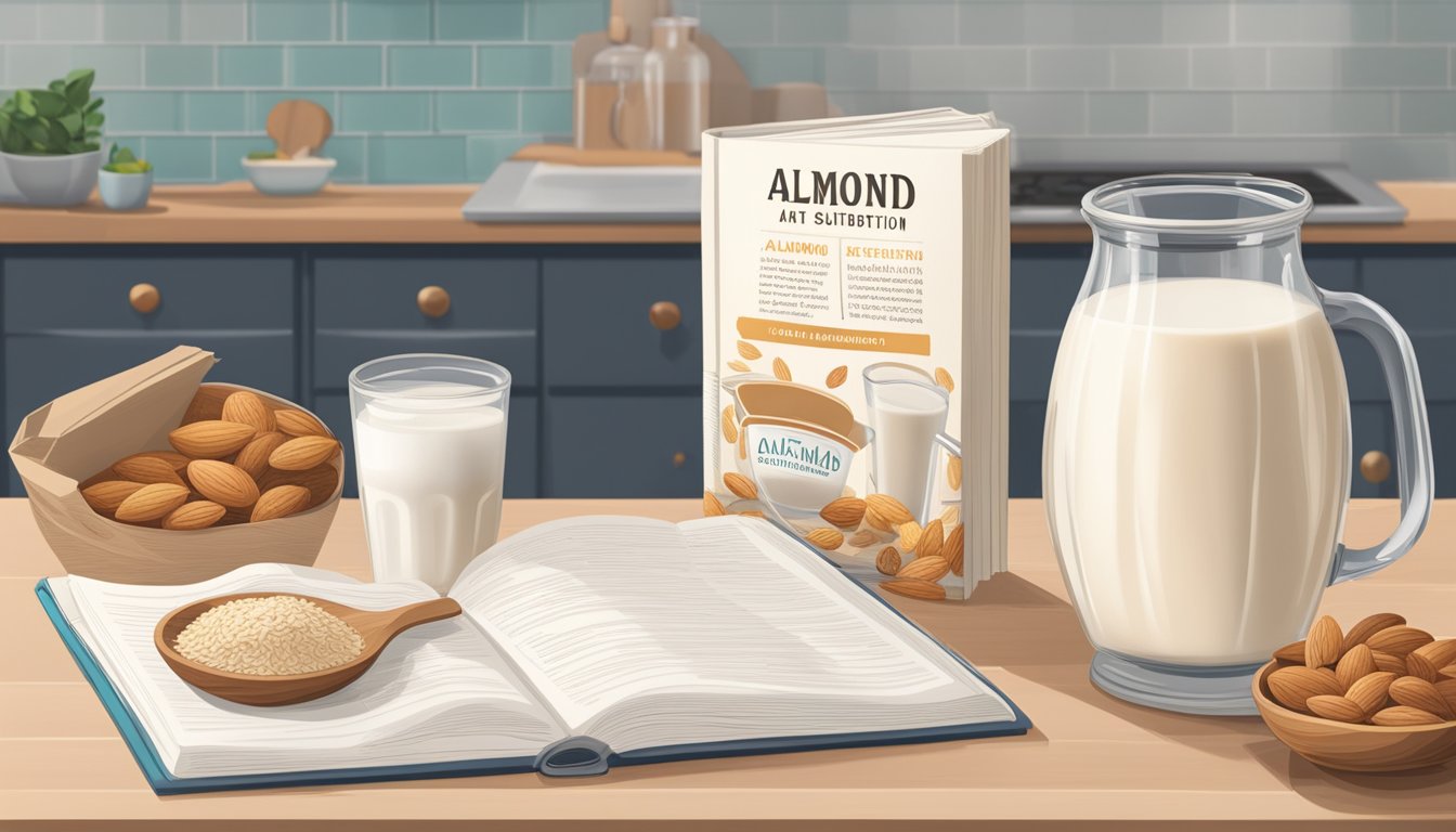 A kitchen counter with a carton of oat milk next to a recipe book open to a page about almond milk substitution