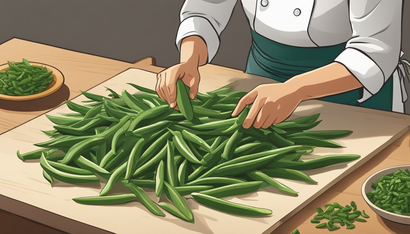 A chef chopping nopales in place of green beans for a stir-fry