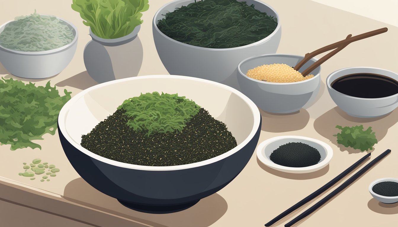 A bowl of nori sheets arranged next to a bowl of seaweed salad, with various ingredients like sesame seeds and dressing nearby