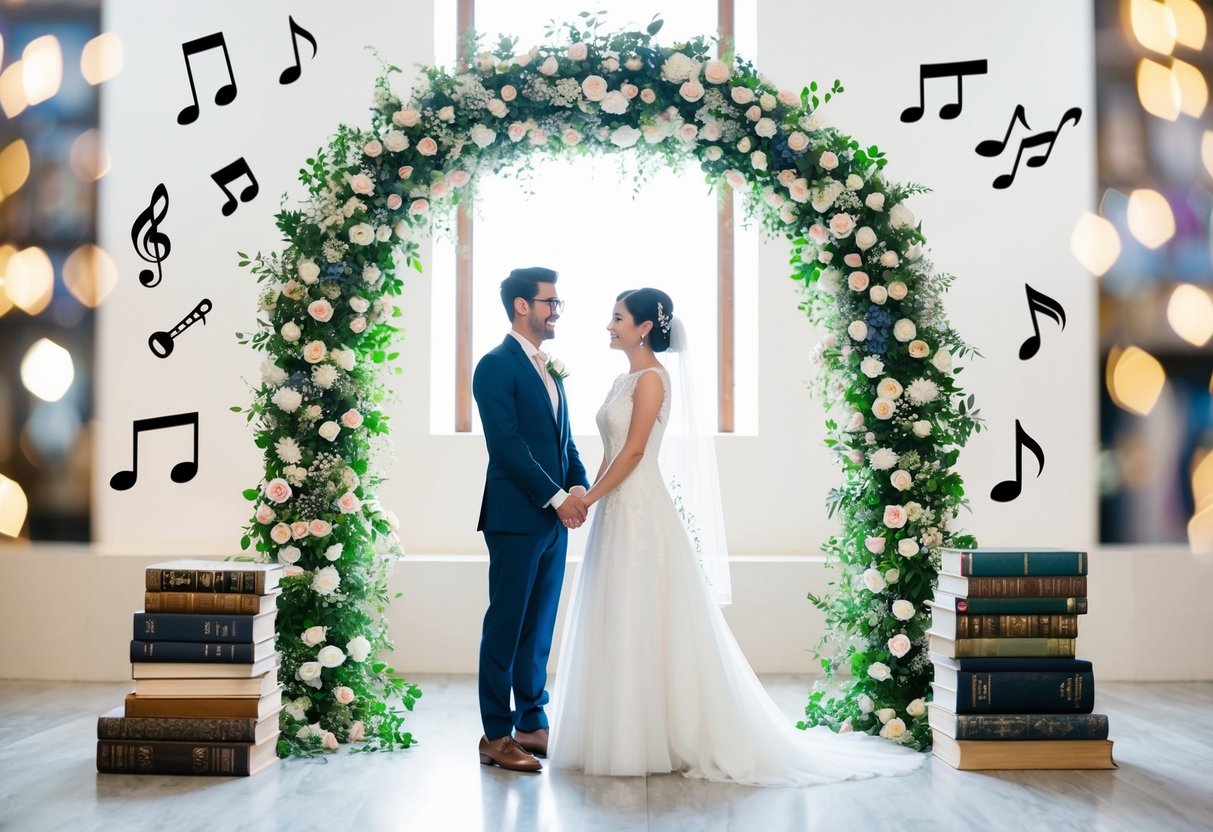A bride and groom standing under a floral arch, surrounded by books, music notes, and cultural symbols