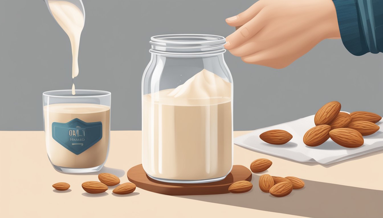 A person pouring oat milk into a glass jar next to a bag of almonds