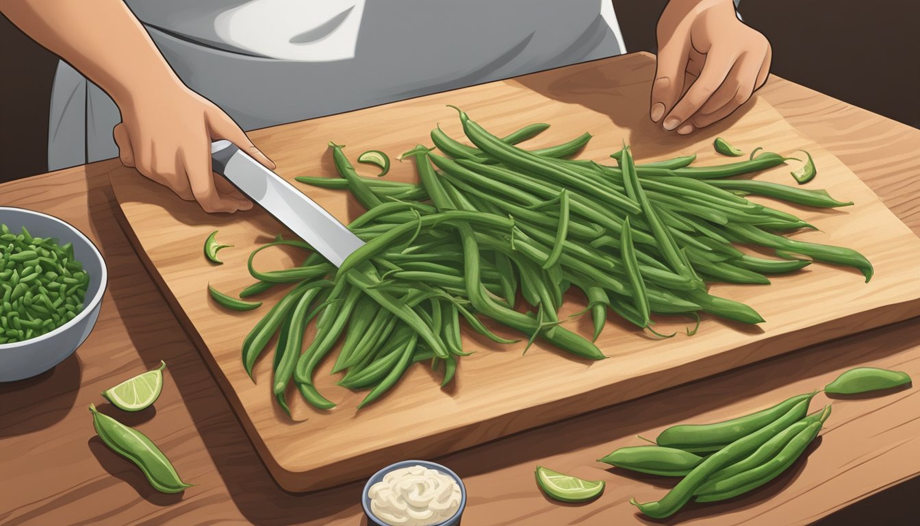 A chef chopping nopales and green beans side by side on a cutting board