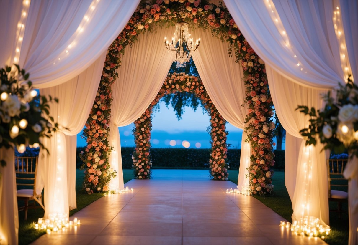 A floral archway with draped fabric and twinkling lights