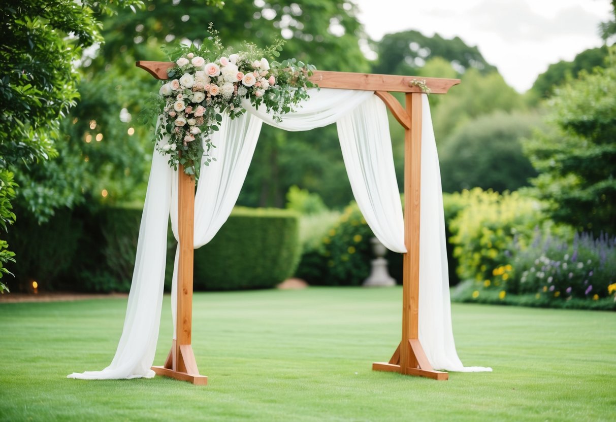 A wooden wedding arch adorned with flowers and draped with flowing fabric stands in a lush garden setting