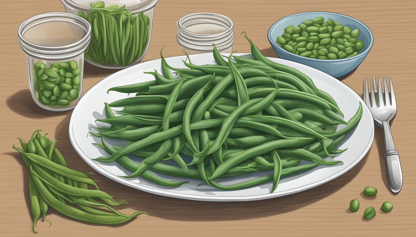 A plate with nopales and green beans side by side, surrounded by measuring cups and a nutrition label