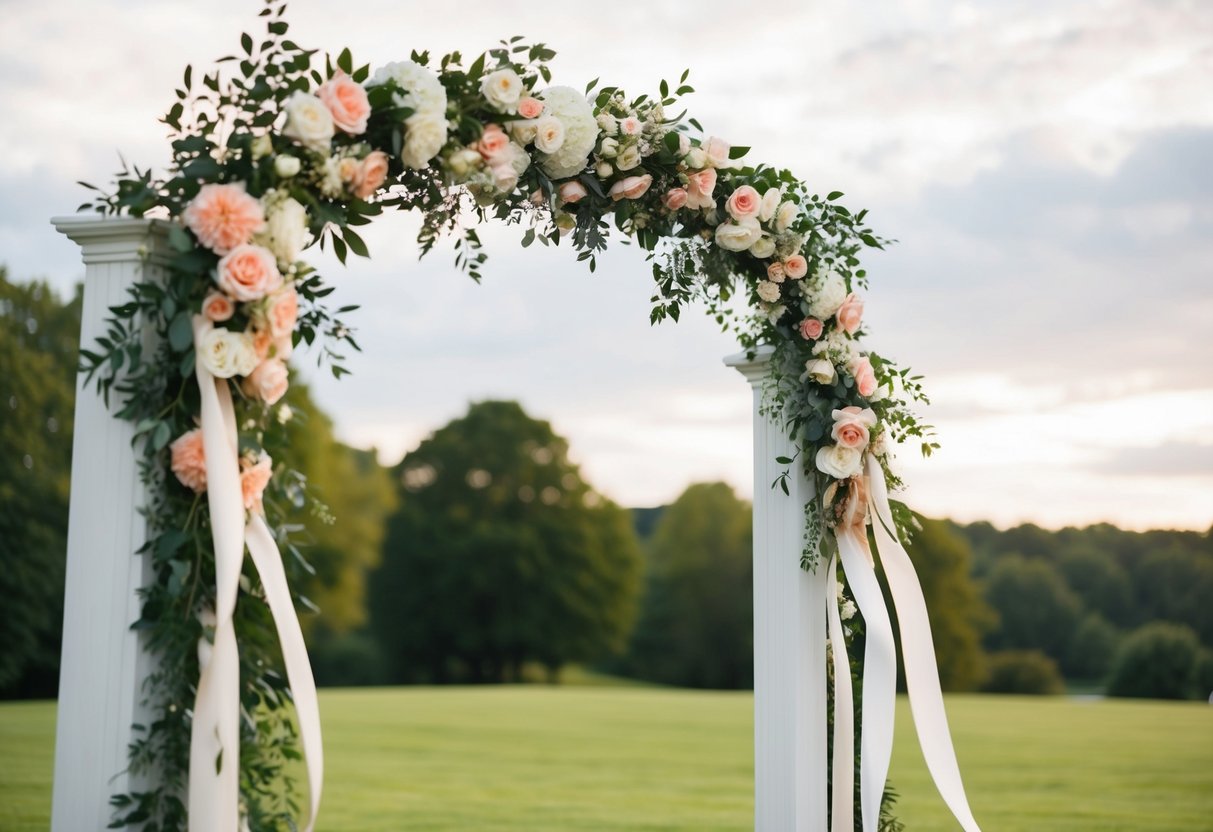 A decorative wedding arch adorned with flowers and ribbons