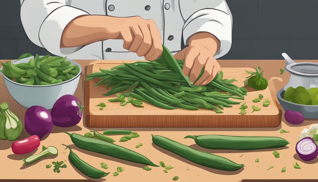 A chef chopping nopales and green beans on a cutting board, with various vegetables and ingredients surrounding the workspace