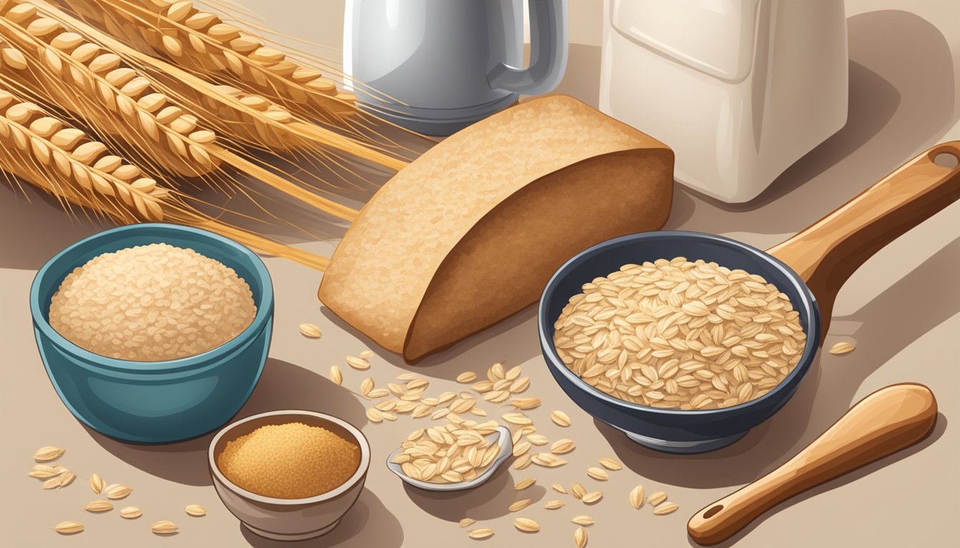 A bag of oat bran sits beside a bowl of wheat bran, both surrounded by baking ingredients and utensils on a kitchen counter