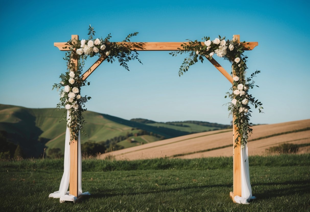 A simple wooden wedding arch adorned with flowers and greenery, set against a backdrop of rolling hills and a clear blue sky