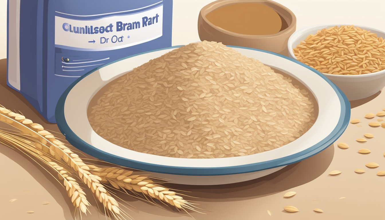 A bowl of oat bran sits next to a bag of wheat bran, with a spoon scooping oat bran into a measuring cup. A chart on the wall shows the health benefits of bran