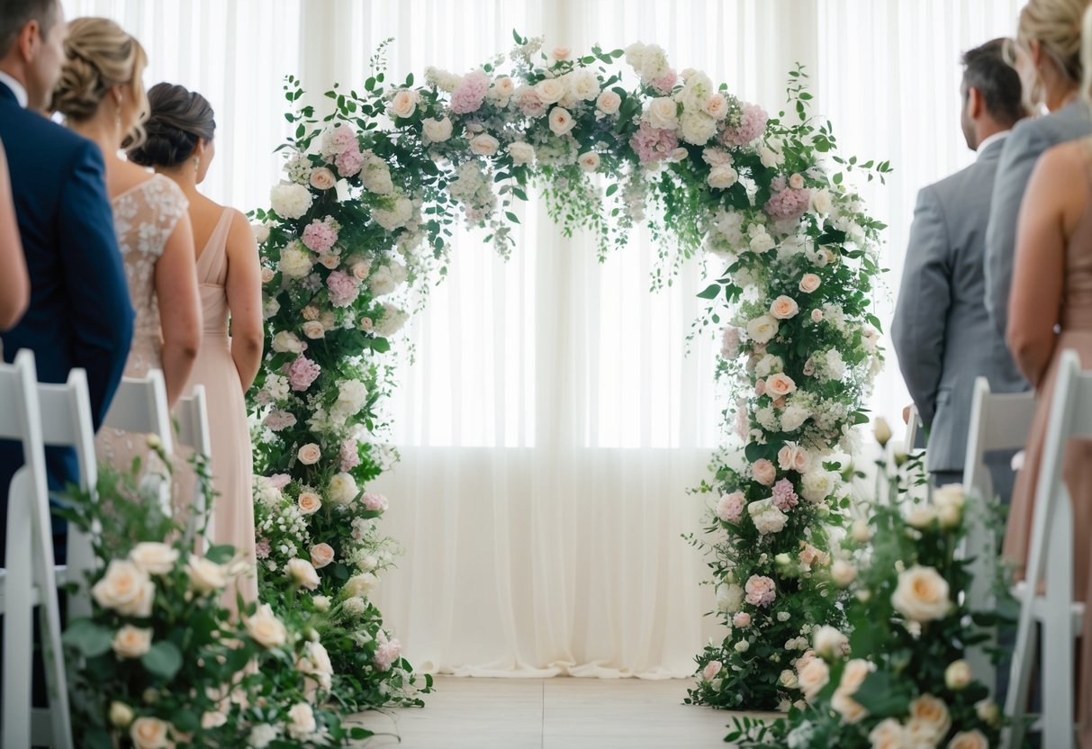 A floral archway stands as the focal point, adorned with delicate blooms and greenery, creating a romantic setting for a wedding ceremony