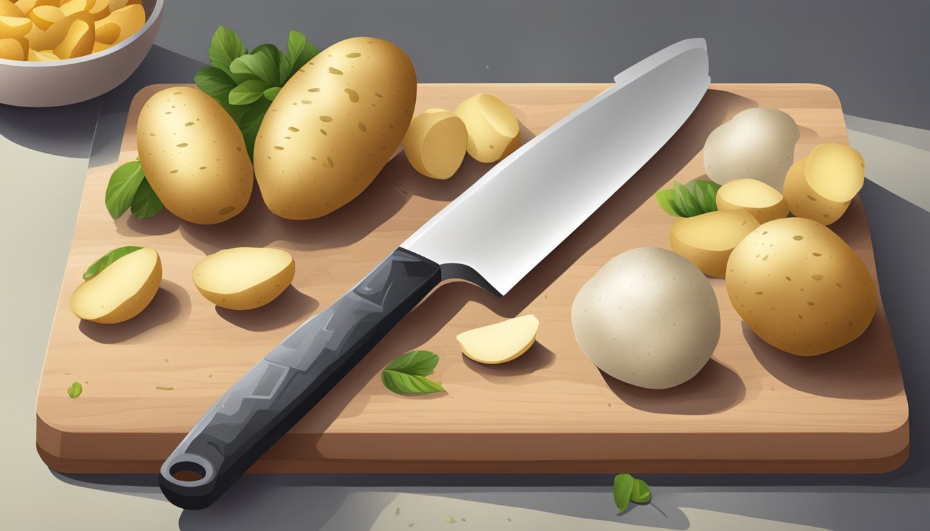 A kitchen counter with a pile of oca and potatoes, a chef's knife, and a cutting board