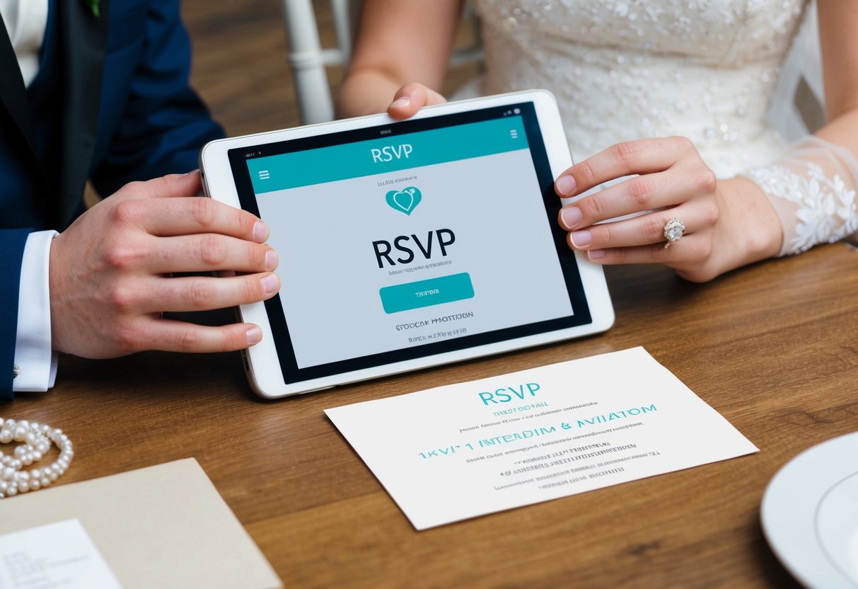 A bride and groom's hands hold a digital device with a simple, user-friendly RSVP interface. A stylized wedding invitation sits nearby