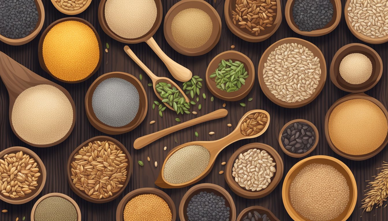 A bowl of various grains and seeds, including oat bran and alternatives like flaxseed, chia seeds, and psyllium husk, arranged on a wooden table