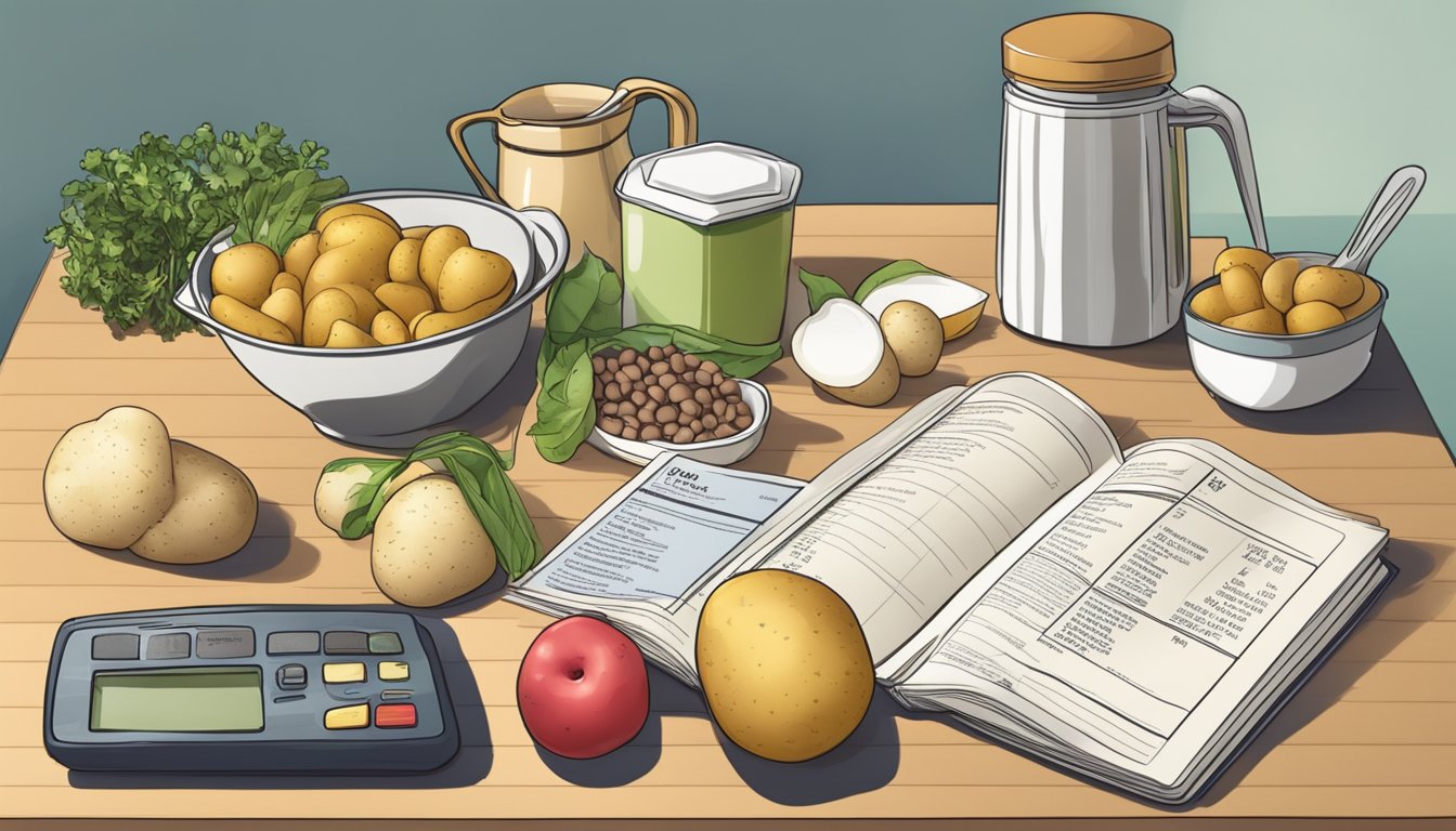 A kitchen counter with oca and potatoes, a nutrition label, and a diet book open to a page on food substitutions