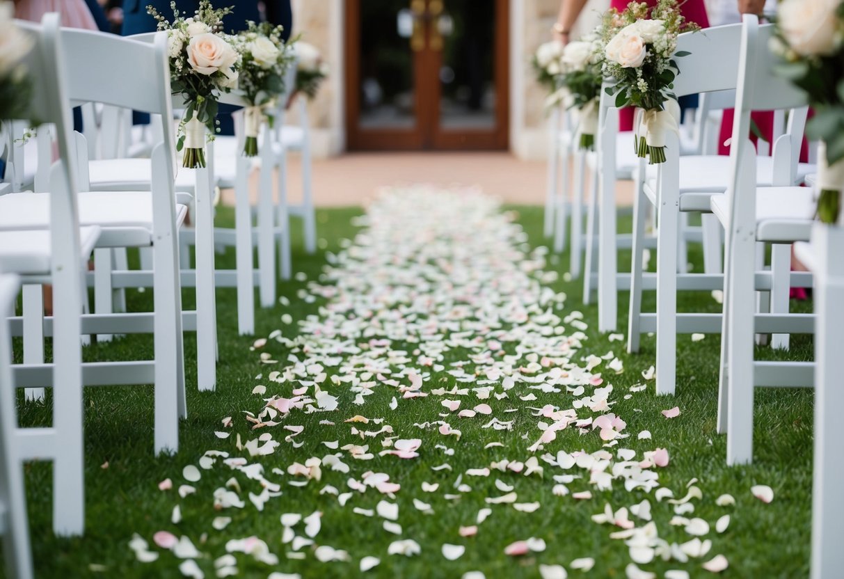 A trail of confetti and flower petals leading away from a wedding venue