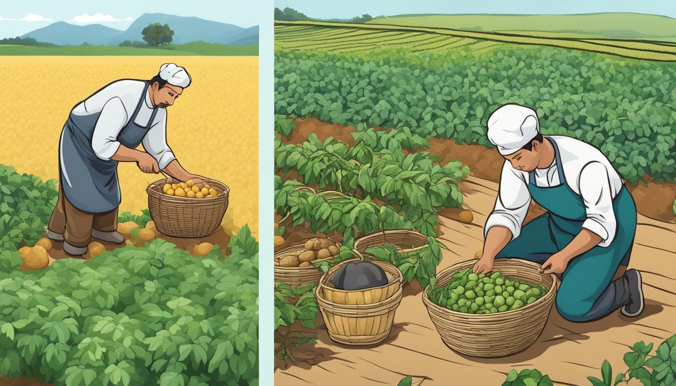 A farmer harvesting oca from the field, with baskets of oca and potatoes nearby, and a chef preparing a dish with oca instead of potatoes