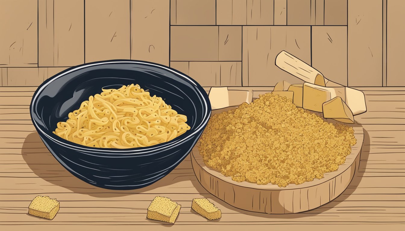 A bowl of pasta with nutritional yeast sprinkled on top, alongside a block of cheese. The contrast in color and texture emphasizes the substitution of nutritional yeast for cheese