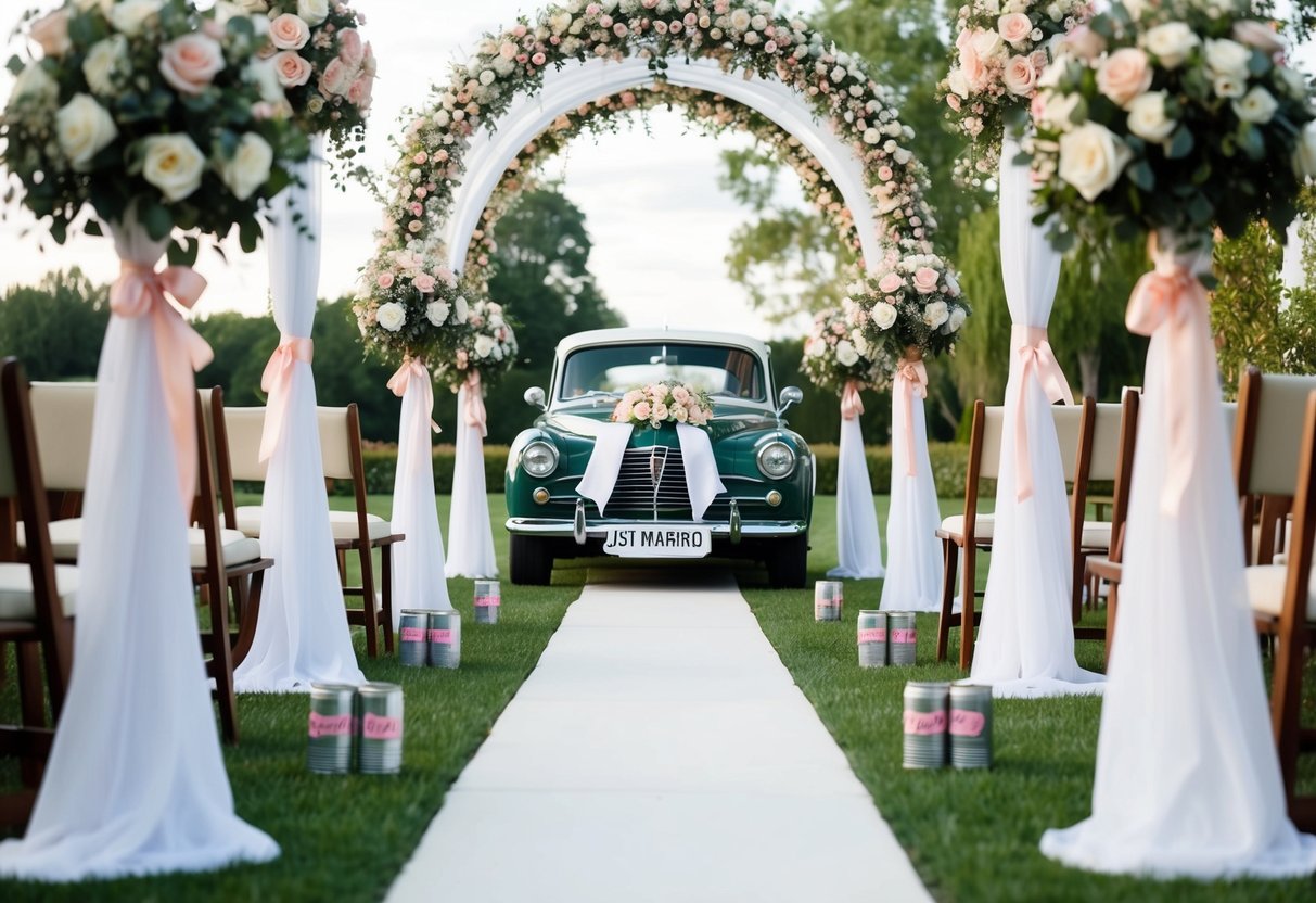 A grand archway adorned with flowers and ribbons, leading to a vintage car decorated with tin cans and "Just Married" signs