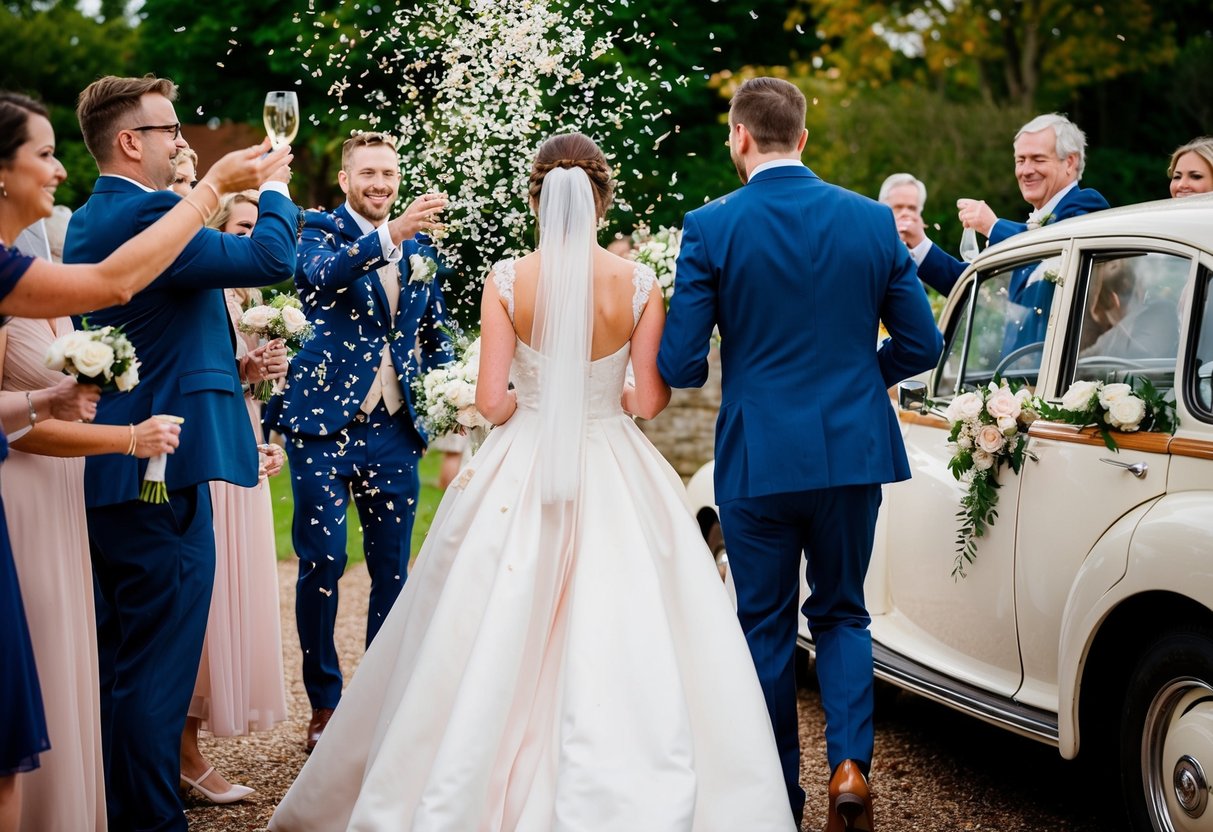 Guests tossing confetti as the newlyweds exit the reception, walking towards a vintage car decorated with ribbons and flowers