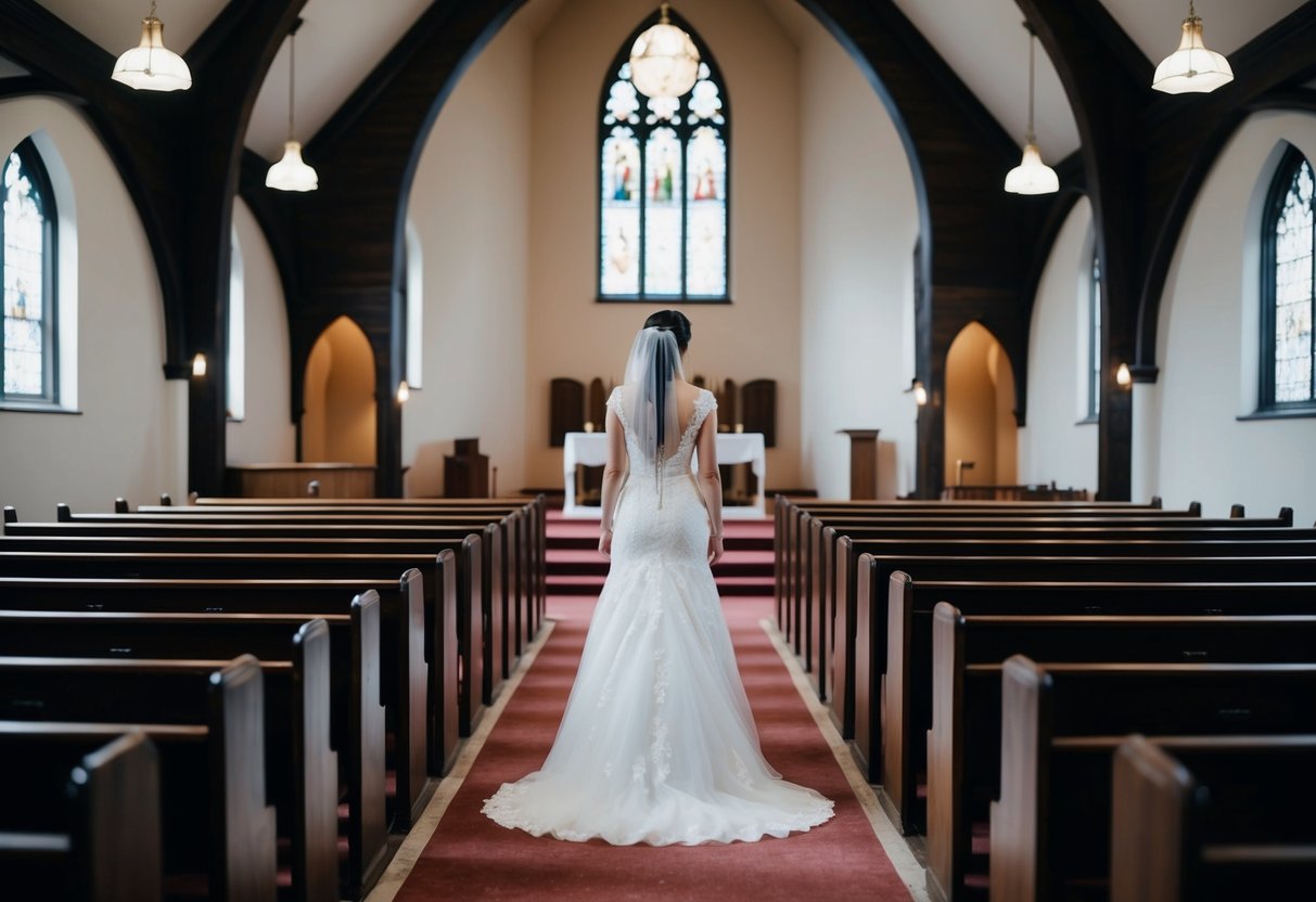 A bride standing alone at the end of an empty aisle, looking out at the empty seats in a dimly lit church