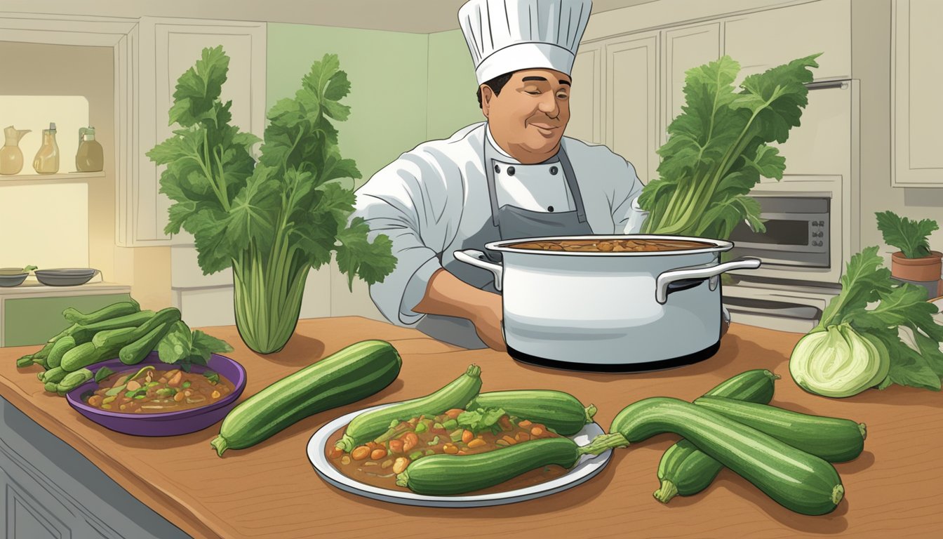 A pot of simmering gumbo with a chef reaching for a zucchini, while a pile of okra sits nearby