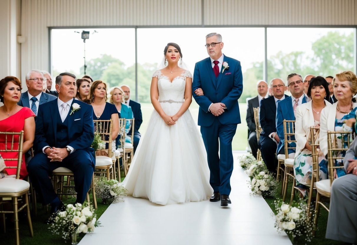 A bride stands at the beginning of an aisle, with her father waiting at the other end. She looks uncertain, while guests watch from their seats