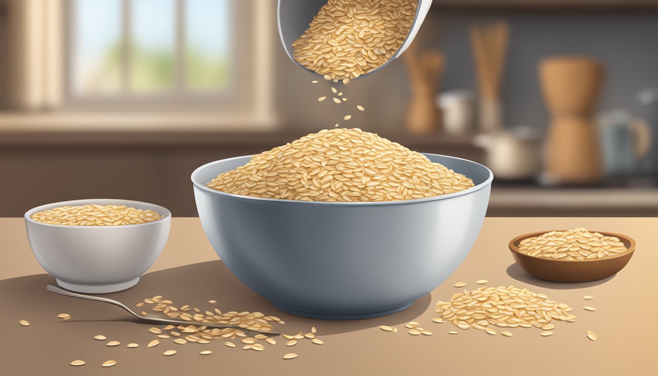 A bowl of oat groats pouring into a pot, with a bag of steel cut oats in the background